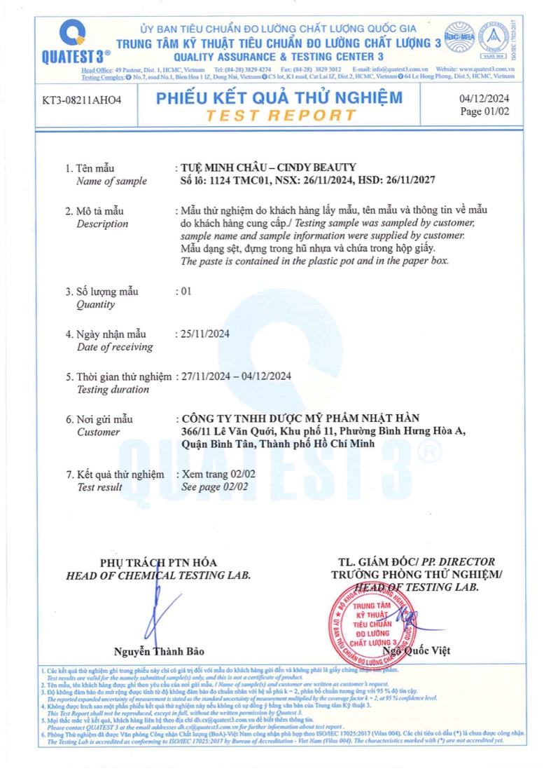 Phiếu kết quả thử nghiệm QUATEST 3 số KT3-08211AHO4 – thông tin mẫu Cindy Beauty lô 1124 TMC01
